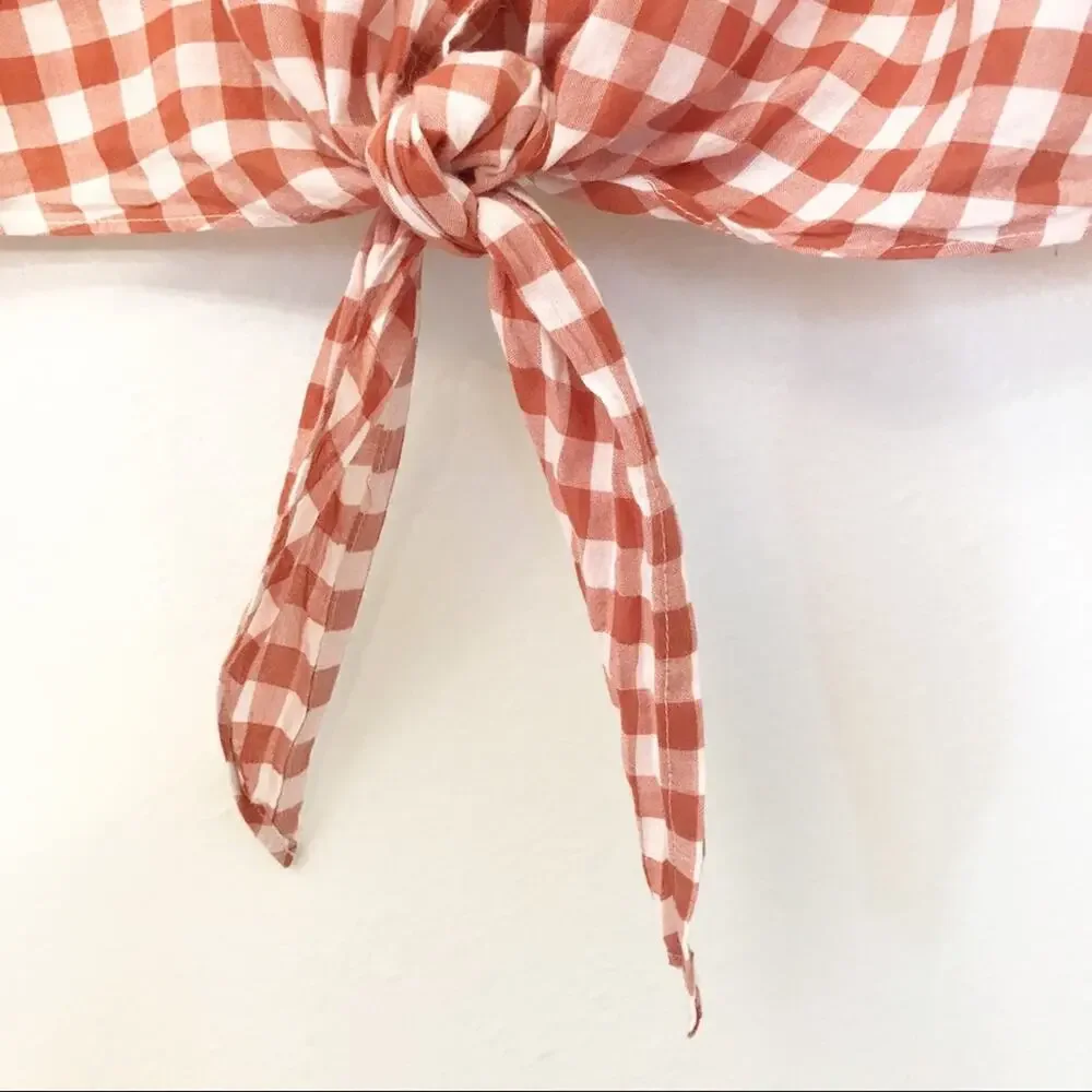 J.Crew Tie-Front Gingham Stretch Cotton Shirt Brick Rust Red Long Sleeve Size 10